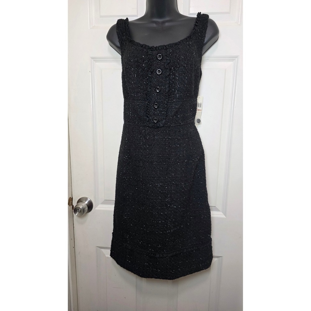 Maggy London Tweed Sheath Dress Womens 12P Black Metallic Ruffle Cocktail P72420